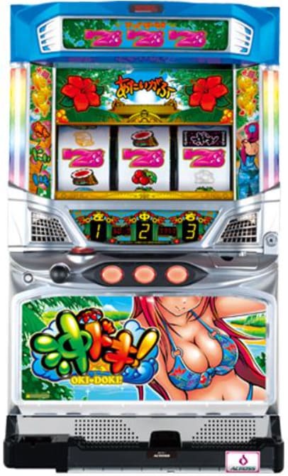 沖ドキ！スマスロの筐体全体とハイビスカスランプの輝き